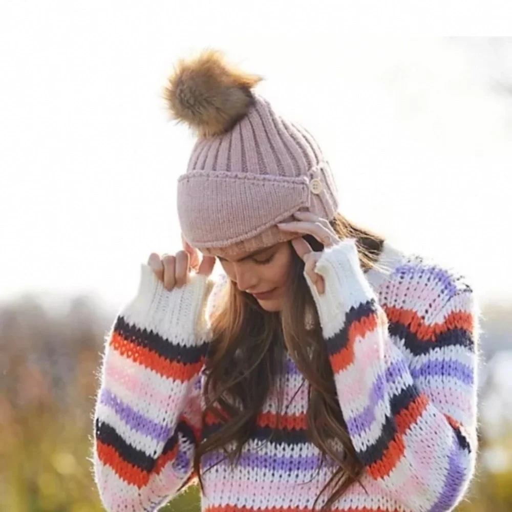 Anthropologie Faux Fur Pom  Beanie With Mask